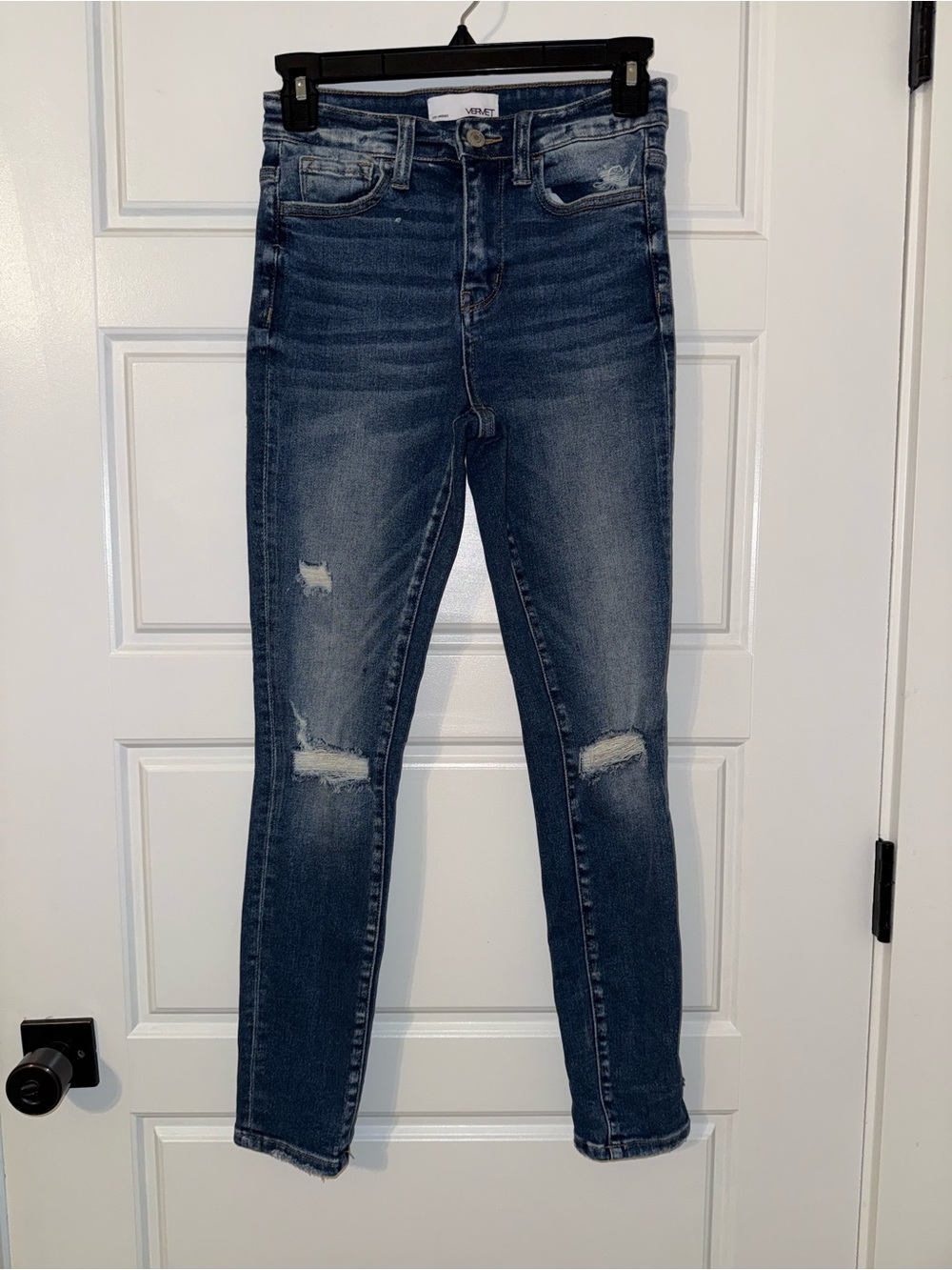 High-Rise Skinny Jeans with Subtle Knee Distress — Dark Blue